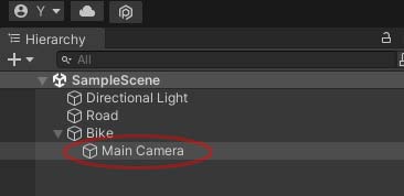 Screenshot showing the main camera object is in the hierarchy tree below the bike
