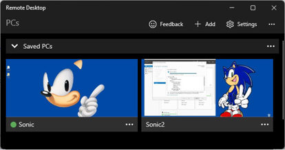 Remote desktop screen showing Sonic and Sonic 2 severs to connect to
