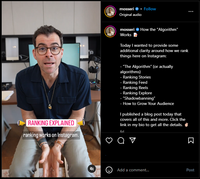 The CEO of Instagram explaining how the algorithm works on a video