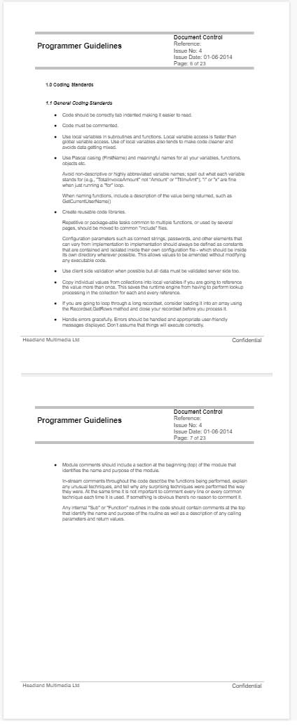 A Couple of pages from the Programmers Guideline Document