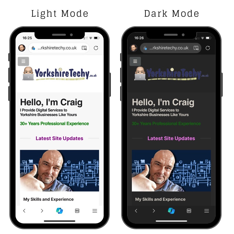 The Yorkshire site showing a comparison of how it looks in Dark Mode and Light mode