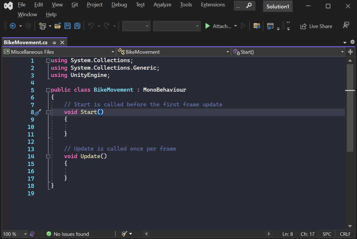 Screenshot of Visual Studio with Unity code
