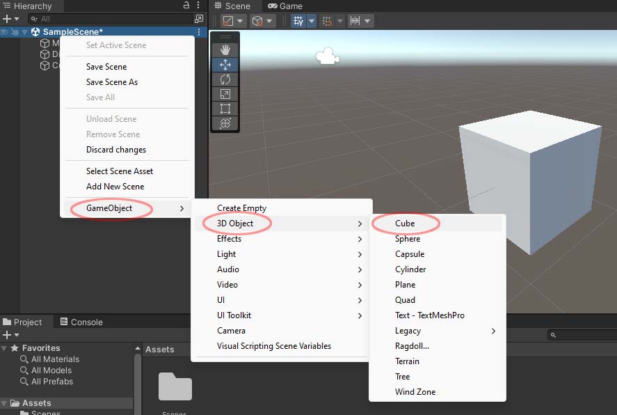 screenshot of how you create a box in unity